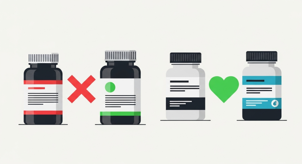 두 영양제 통이 서로 등을 돌리고 있거나 X 표시가 된 그래픽 이미지