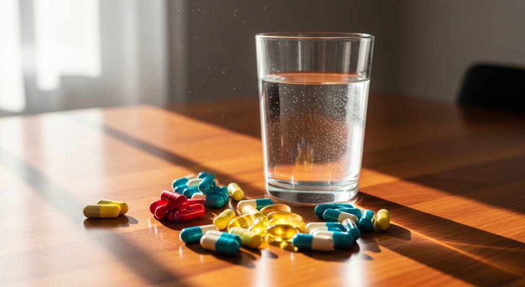 아침 햇살 아래 놓인 다양한 영양제 알약과 물 한 잔의 모습