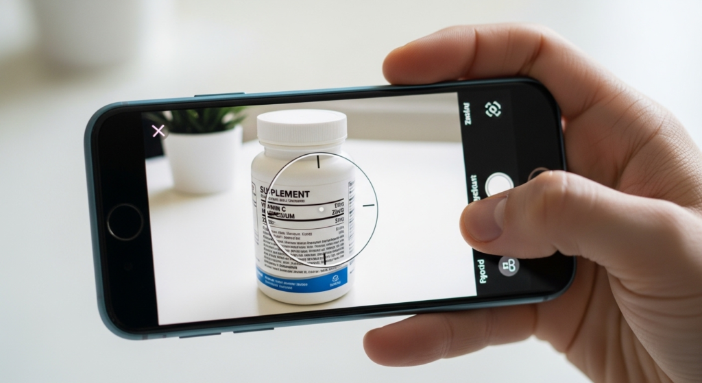 스마트폰으로 영양제 라벨의 성분을 꼼꼼히 체크하고 있는 손